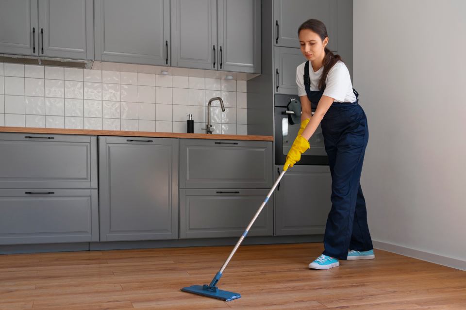 Woman wiping a floor with a floor wiper